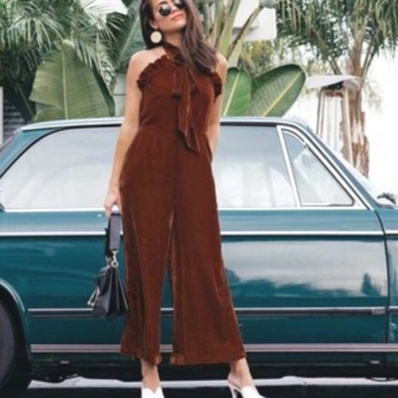 Anthropologie Kristinit Jumpsuit Gold Velvet Wide Leg Cropped - Picture 16 of 16